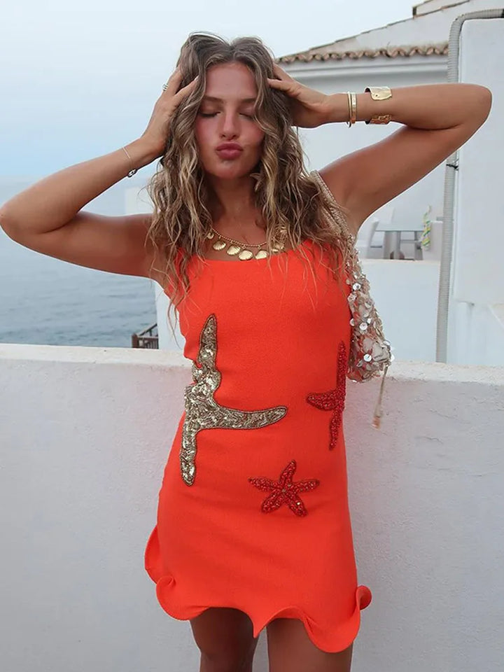 Mirla | Chic Shinny Sjöstjärna Tryck Volangkant Mini Klänning Mode Bodycon Ärmlös Rygglös Kort Klänningar Sommar Kvinnliga Strandklänningar-Eva Jonsson