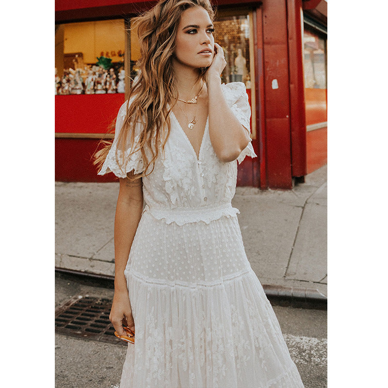 Mirla | Chiffon Spets Korta Ärmar Boho V-Hals Maxi Klänning-Eva Jonsson
