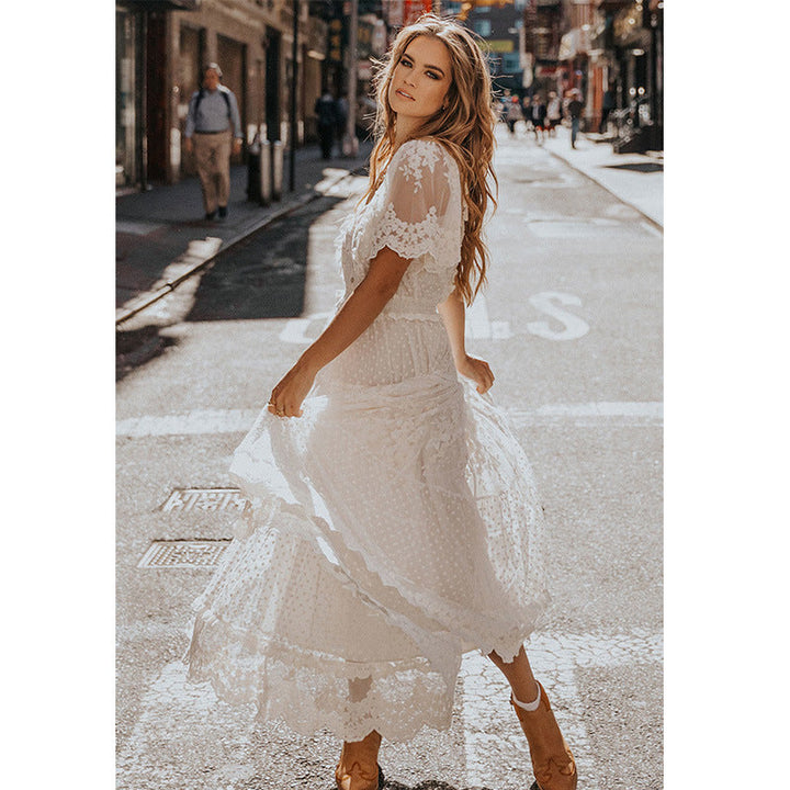 Mirla | Chiffon Spets Korta Ärmar Boho V-Hals Maxi Klänning-Eva Jonsson
