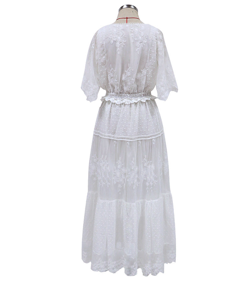 Mirla | Chiffon Spets Korta Ärmar Boho V-Hals Maxi Klänning-Eva Jonsson
