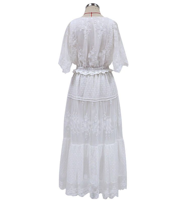 Mirla | Chiffon Spets Korta Ärmar Boho V-Hals Maxi Klänning-Eva Jonsson