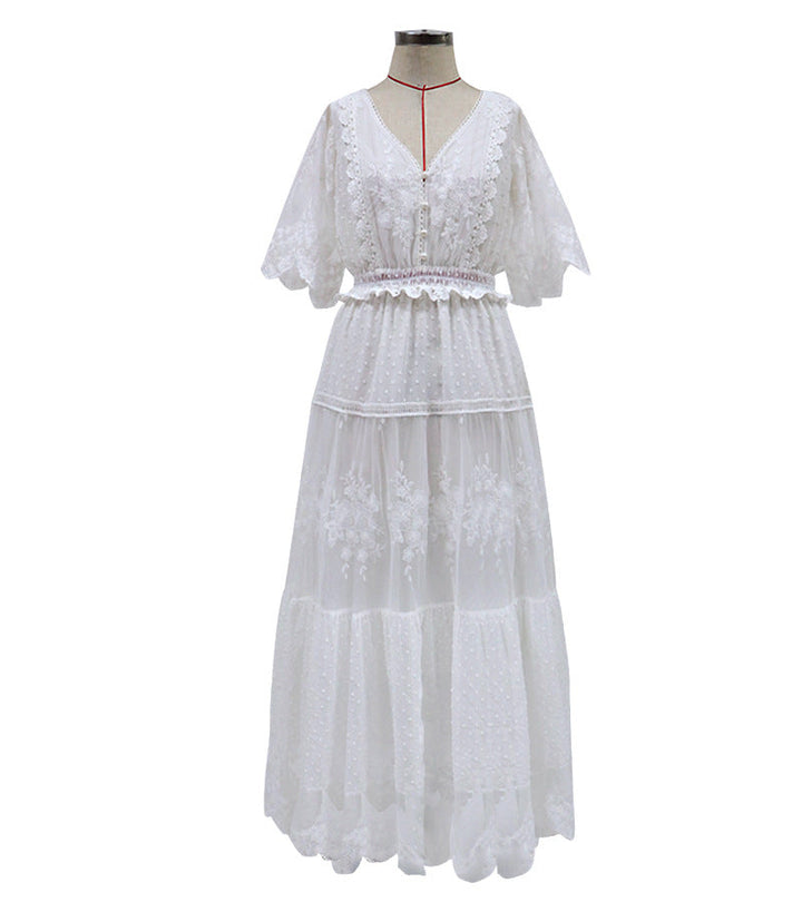 Mirla | Chiffon Spets Korta Ärmar Boho V-Hals Maxi Klänning-Eva Jonsson