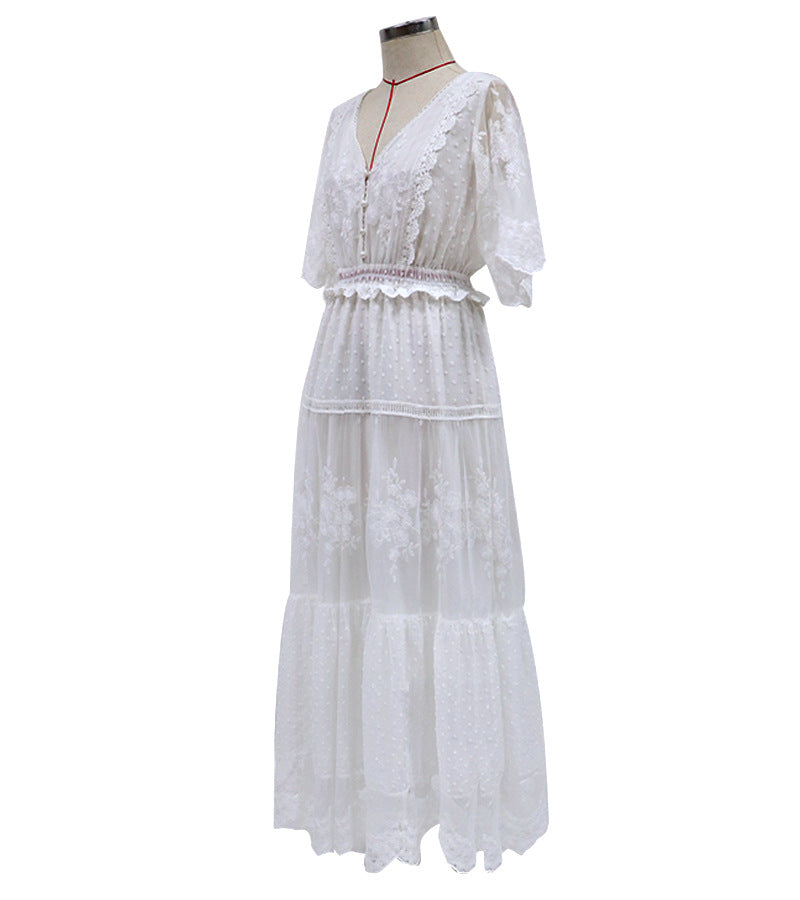 Mirla | Chiffon Spets Korta Ärmar Boho V-Hals Maxi Klänning-Eva Jonsson