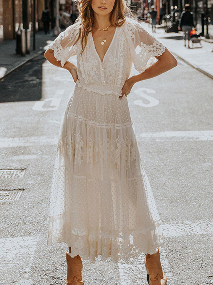 Mirla | Chiffon Spets Korta Ärmar Boho V-Hals Maxi Klänning-Eva Jonsson