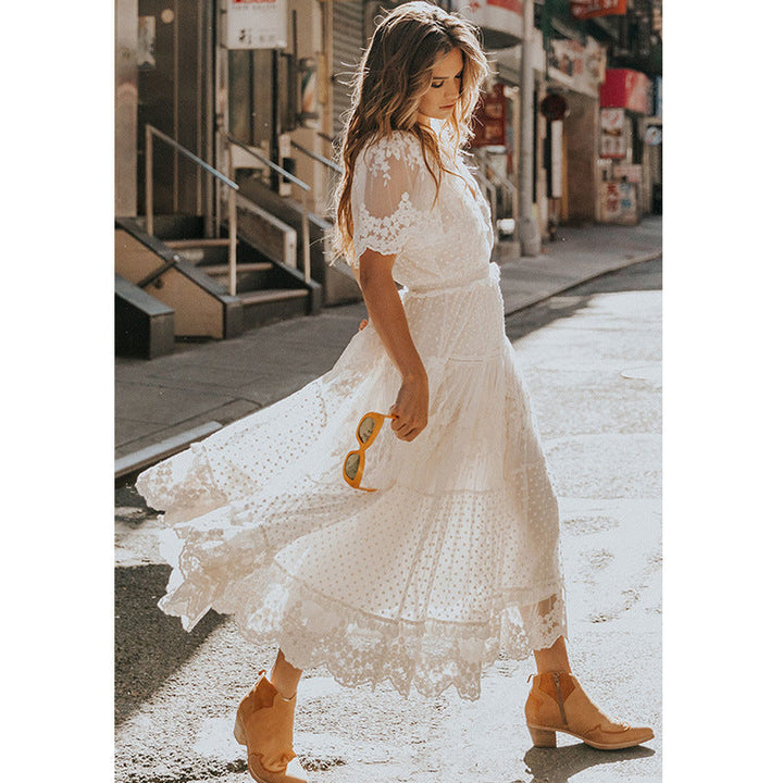 Mirla | Chiffon Spets Korta Ärmar Boho V-Hals Maxi Klänning-Eva Jonsson