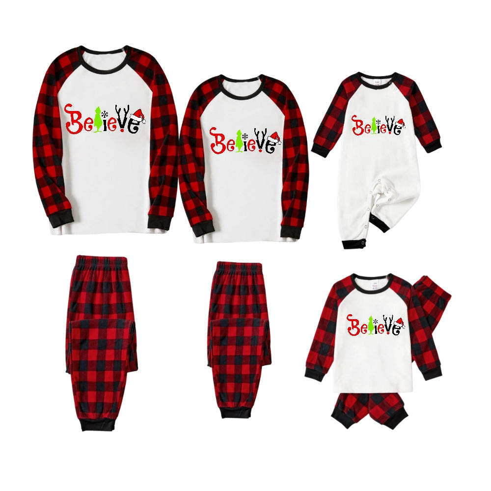 Mirla | Christmas 2025 Believe Bokstäver Vit Långärmad Topp och Röd-Svart Rutiga Byxor Familj Som Matchar Pyjamas-Eva Jonsson