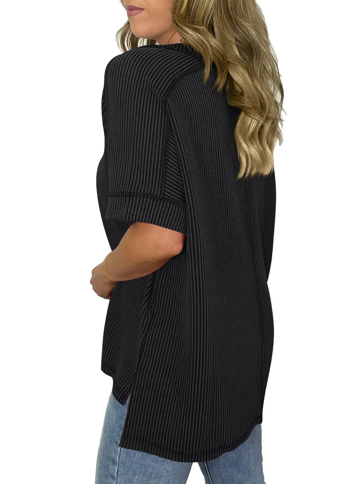 Mirla | Cord-ribb V-ringad Kortärmad T-shirt-Eva Jonsson