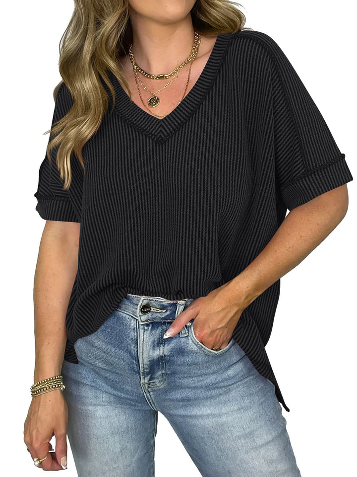 Mirla | Cord-ribb V-ringad Kortärmad T-shirt-Eva Jonsson