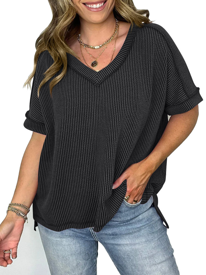 Mirla | Cord-ribb V-ringad Kortärmad T-shirt-Eva Jonsson