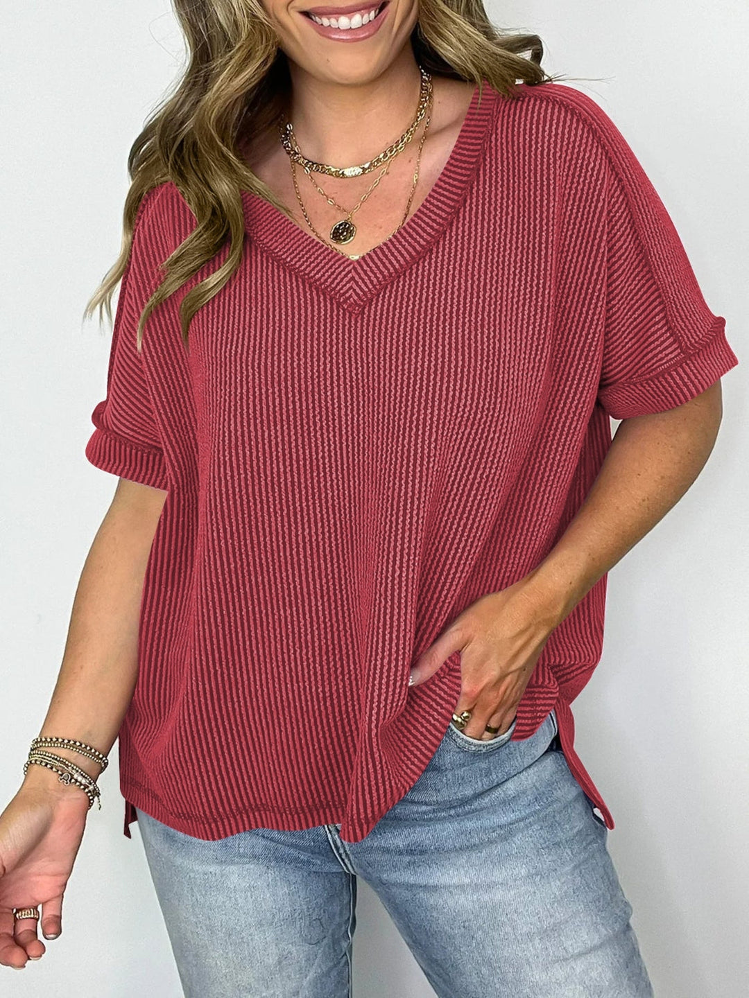 Mirla | Cord-ribb V-ringad Kortärmad T-shirt-Eva Jonsson