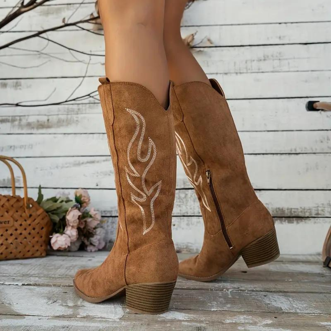 Mirla | Cowboystövlar Retro Chunky Heel Spetsstövlar med Stiligt Sidodragkedja-Eva Jonsson