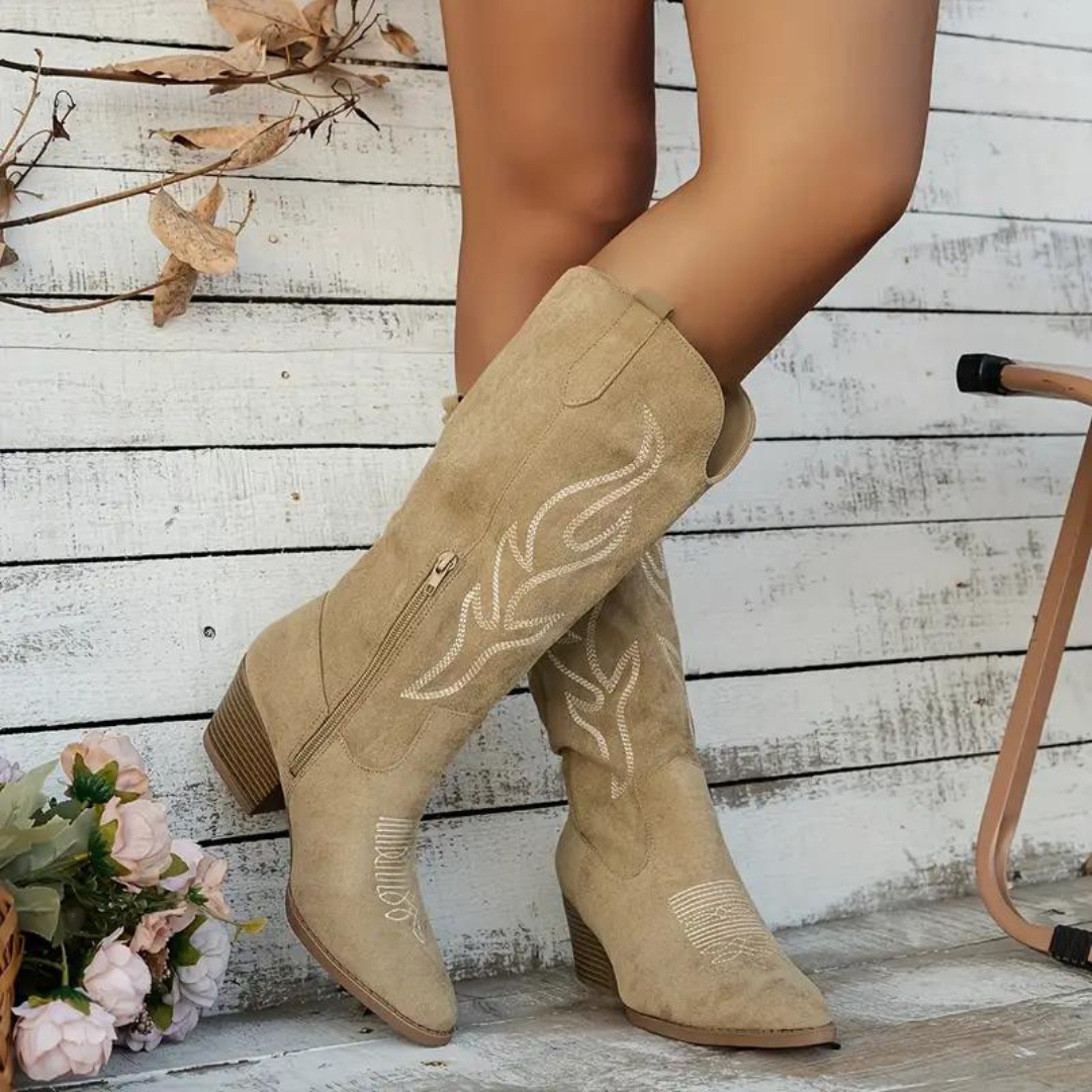 Mirla | Cowboystövlar Retro Chunky Heel Spetsstövlar med Stiligt Sidodragkedja-Eva Jonsson