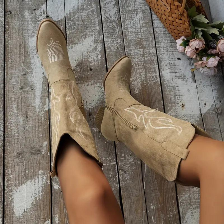 Mirla | Cowboystövlar Retro Chunky Heel Spetsstövlar med Stiligt Sidodragkedja-Eva Jonsson