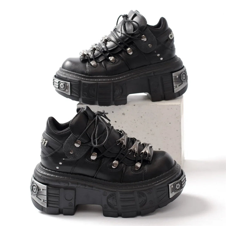 Mirla | Dam Ankelboots för kvinnor Tjock sula Snörning Metalldekoration Runda tår Plattformsskor Ladeis Punk Gothic Sneakers-Eva Jonsson
