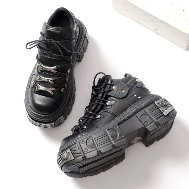 Mirla | Dam Ankelboots för kvinnor Tjock sula Snörning Metalldekoration Runda tår Plattformsskor Ladeis Punk Gothic Sneakers-Eva Jonsson