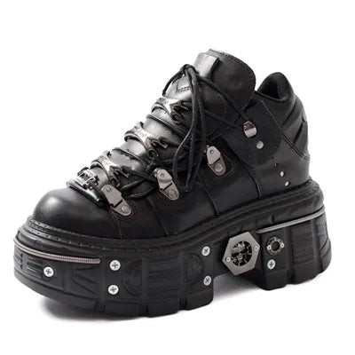 Mirla | Dam Ankelboots för kvinnor Tjock sula Snörning Metalldekoration Runda tår Plattformsskor Ladeis Punk Gothic Sneakers-Eva Jonsson