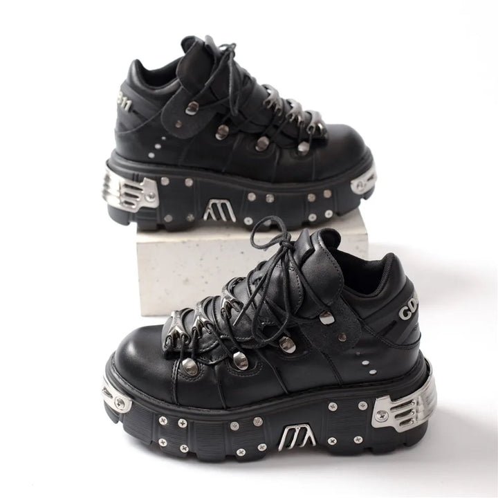 Mirla | Dam Ankelboots för kvinnor Tjock sula Snörning Metalldekoration Runda tår Plattformsskor Ladeis Punk Gothic Sneakers-Eva Jonsson