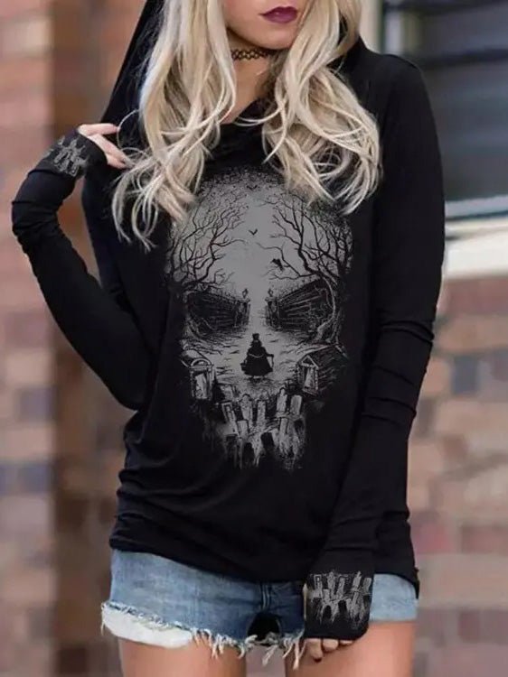 Mirla | Dam Hoodie med dödskalletryck Långärmad Hoodie-Eva Jonsson