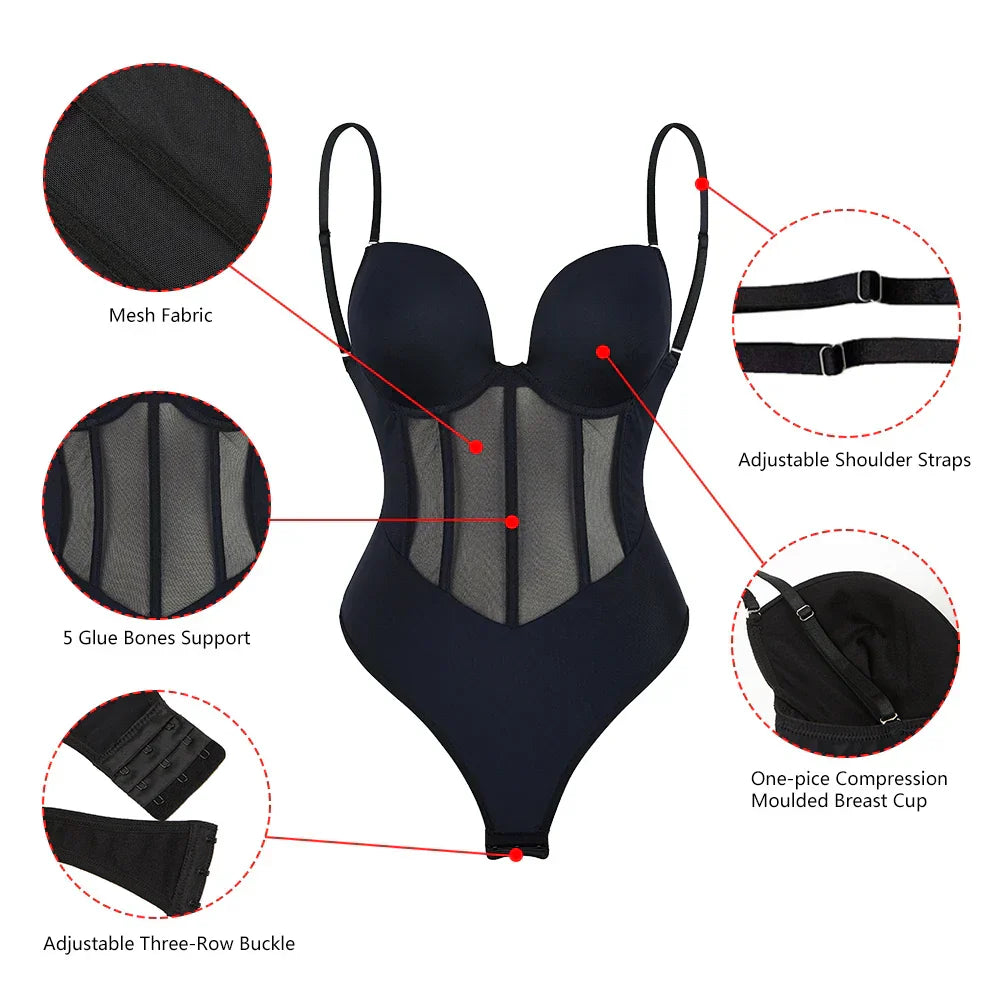 Mirla | Dam Magkontroll Tanga Genomskinlig Mesh Korsett Topp Rygglös Bodysuit-Eva Jonsson