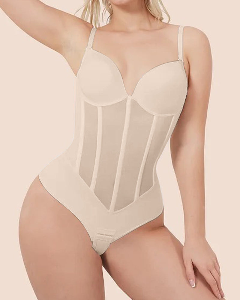 Mirla | Dam Magkontroll Tanga Genomskinlig Mesh Korsett Topp Rygglös Bodysuit-Eva Jonsson
