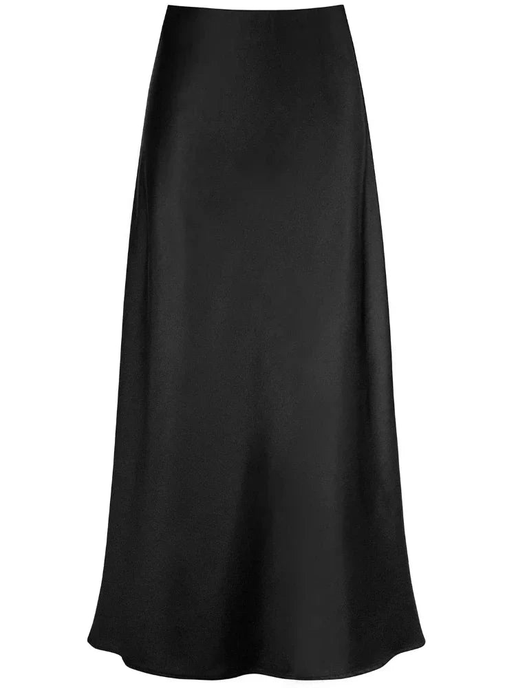 Mirla | Dam Satin Silke Kjolar Sommar Vår Koreansk Mode Kläder Kontor Damer Långa Kjolar Elegant Svart Maxi Kjolar för Damer-Eva Jonsson