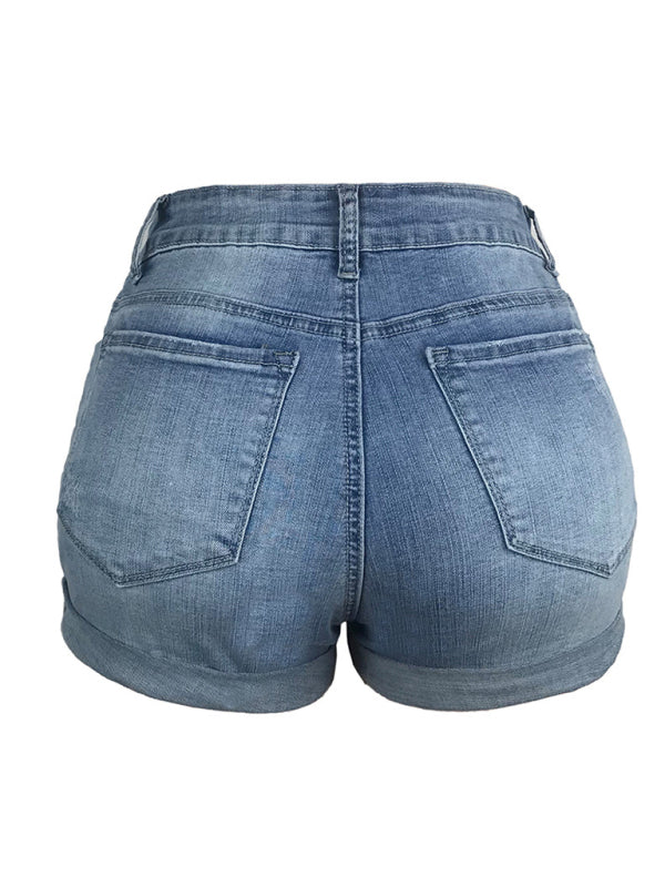 Mirla | Dam Stretch Mediumhöga Denimshorts med hål-Eva Jonsson
