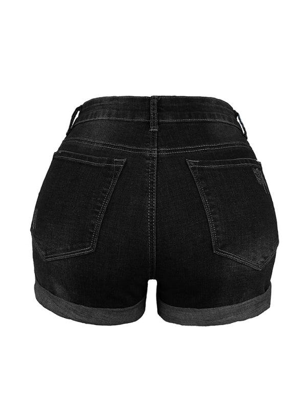 Mirla | Dam Stretch Mediumhöga Denimshorts med hål-Eva Jonsson