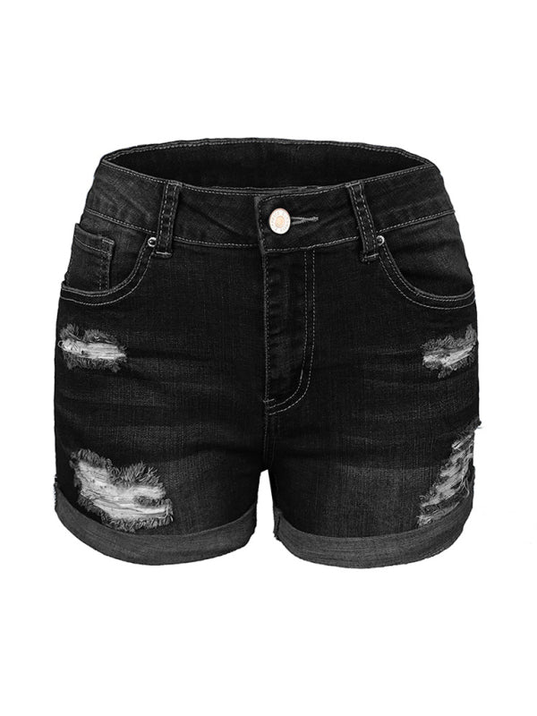Mirla | Dam Stretch Mediumhöga Denimshorts med hål-Eva Jonsson