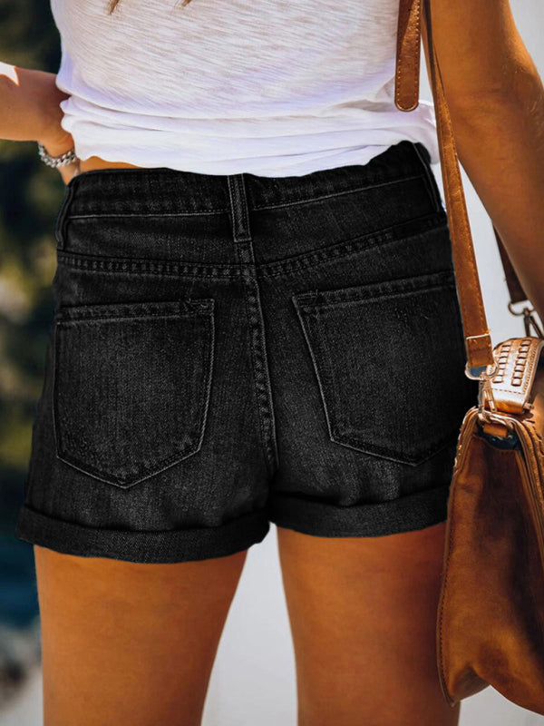 Mirla | Dam Stretch Mediumhöga Denimshorts med hål-Eva Jonsson