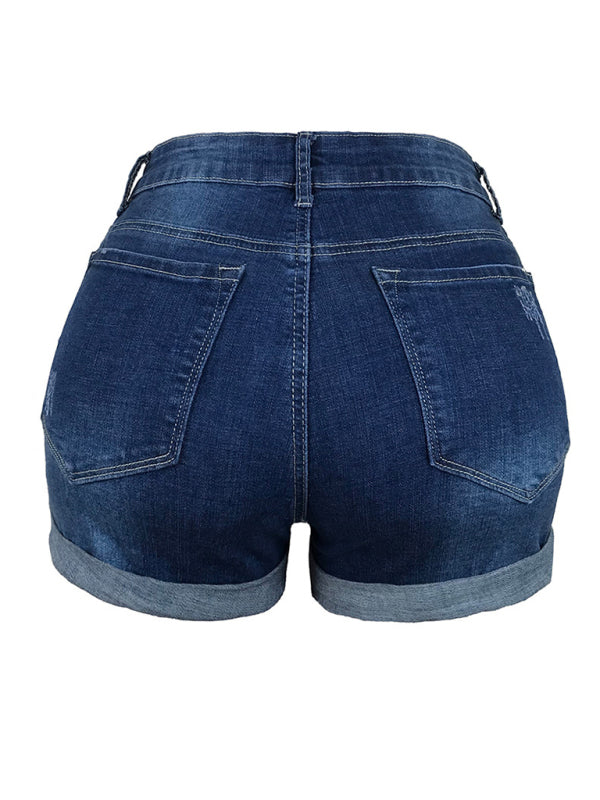 Mirla | Dam Stretch Mediumhöga Denimshorts med hål-Eva Jonsson