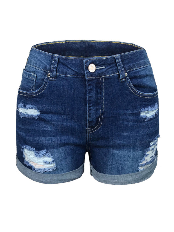 Mirla | Dam Stretch Mediumhöga Denimshorts med hål-Eva Jonsson