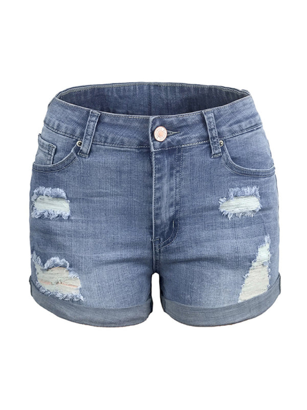 Mirla | Dam Stretch Mediumhöga Denimshorts med hål-Eva Jonsson