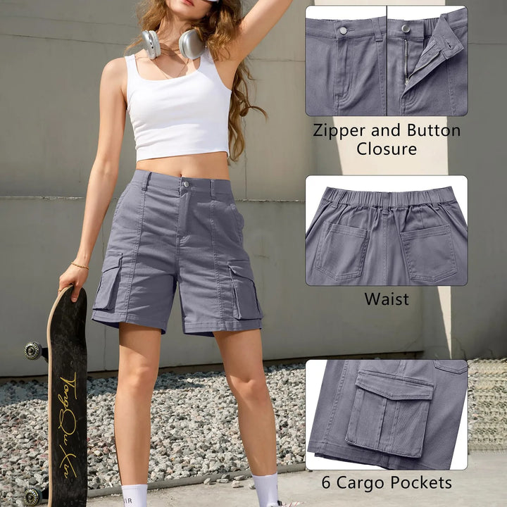 Mirla | Dam Vintage Cargo Shorts: Elastisk midja och 6 fickor-Eva Jonsson