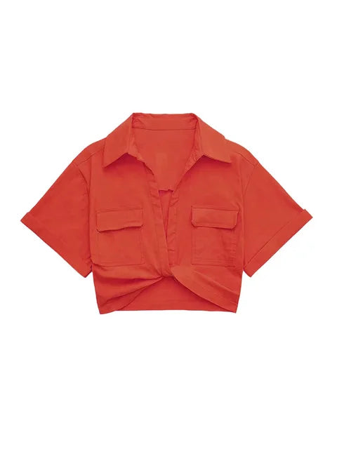 Mirla | Dam Vintage Korta Ärmar Linne Crop Shirt-Eva Jonsson