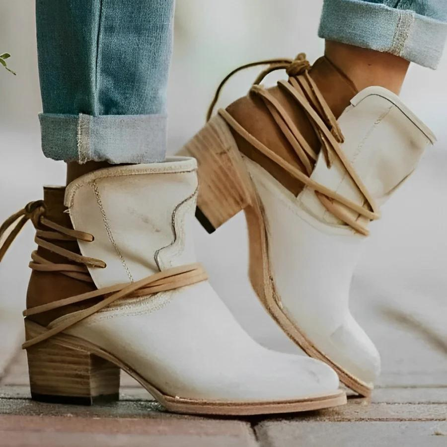 Mirla | Dam Western Ankelboots med snörning, tvättat läder, tjocka klackar-Eva Jonsson