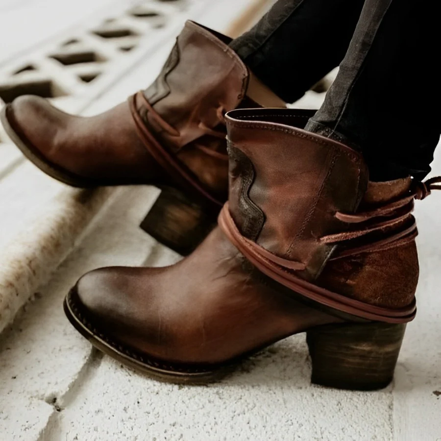 Mirla | Dam Western Ankelboots med snörning, tvättat läder, tjocka klackar-Eva Jonsson