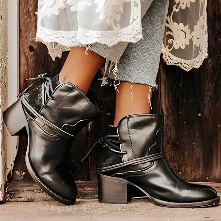 Mirla | Dam Western Ankelboots med snörning, tvättat läder, tjocka klackar-Eva Jonsson