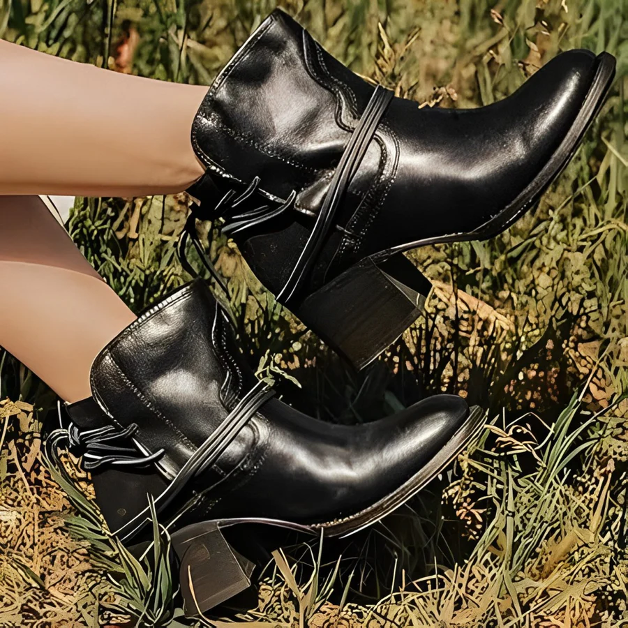 Mirla | Dam Western Ankelboots med snörning, tvättat läder, tjocka klackar-Eva Jonsson