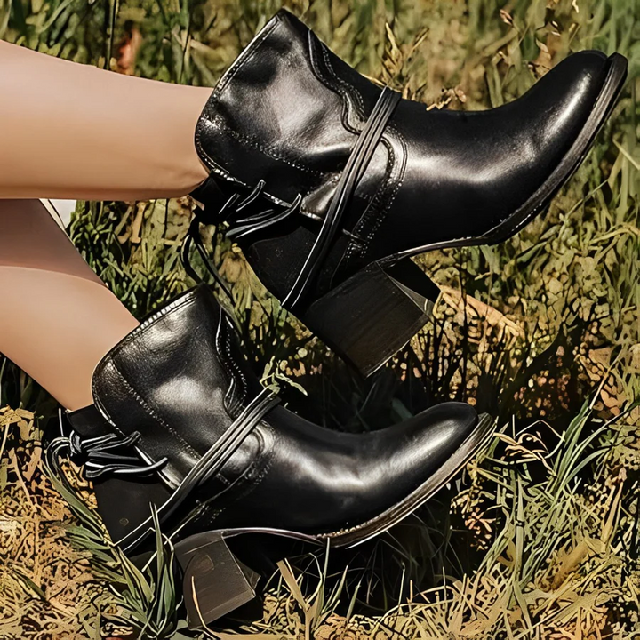 Mirla | Dam Western Ankelboots med snörning, tvättat läder, tjocka klackar-Eva Jonsson