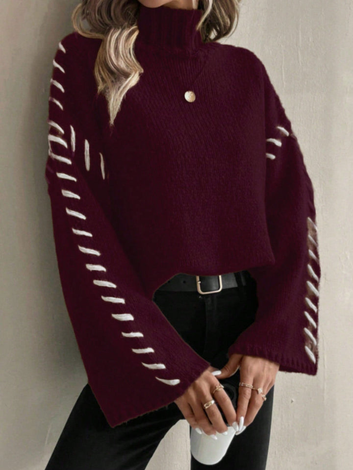 Mirla | Damens Patchwork Stickad Tröja med Kontrasterande Färger och Rullkrage-Eva Jonsson