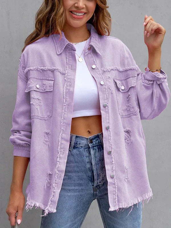 Mirla | Damjackor Medium Lång Tattered Loose Denim Jacka-Eva Jonsson