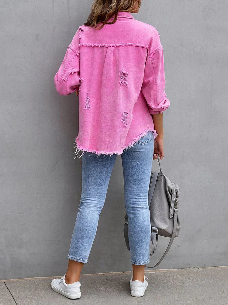 Mirla | Damjackor Medium Lång Tattered Loose Denim Jacka-Eva Jonsson