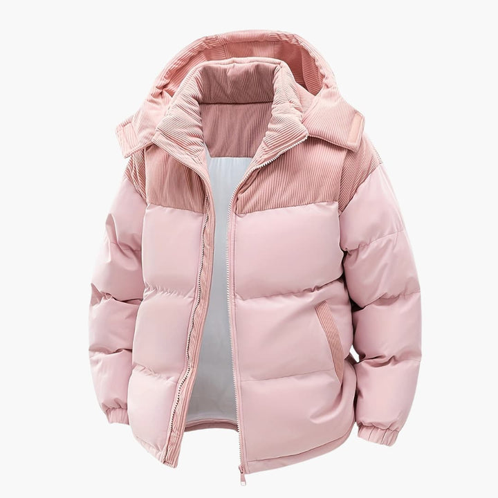 Mirla | Dammig hoodiejacka med puffar och färgblockdesign-Eva Jonsson
