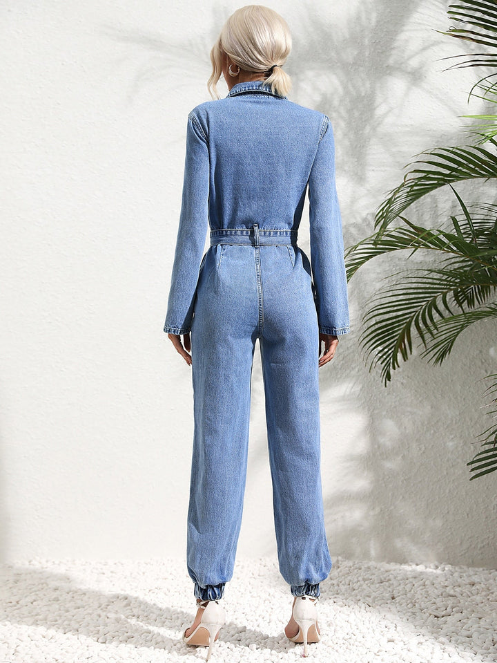 Mirla | Denim Overall Knappframsidan Kläppen fickor Passande bälte Uppvikta ärmar-Eva Jonsson
