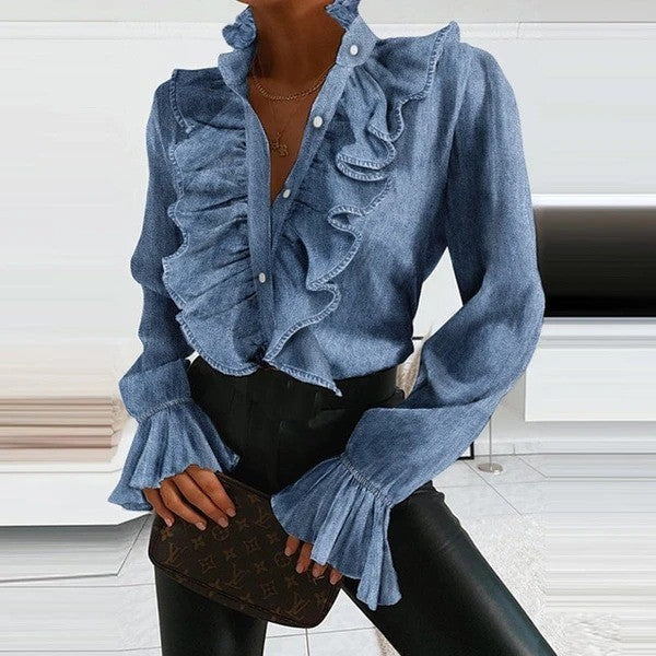 Mirla | Denimblus med långa ärmar och rysch för damer-Eva Jonsson