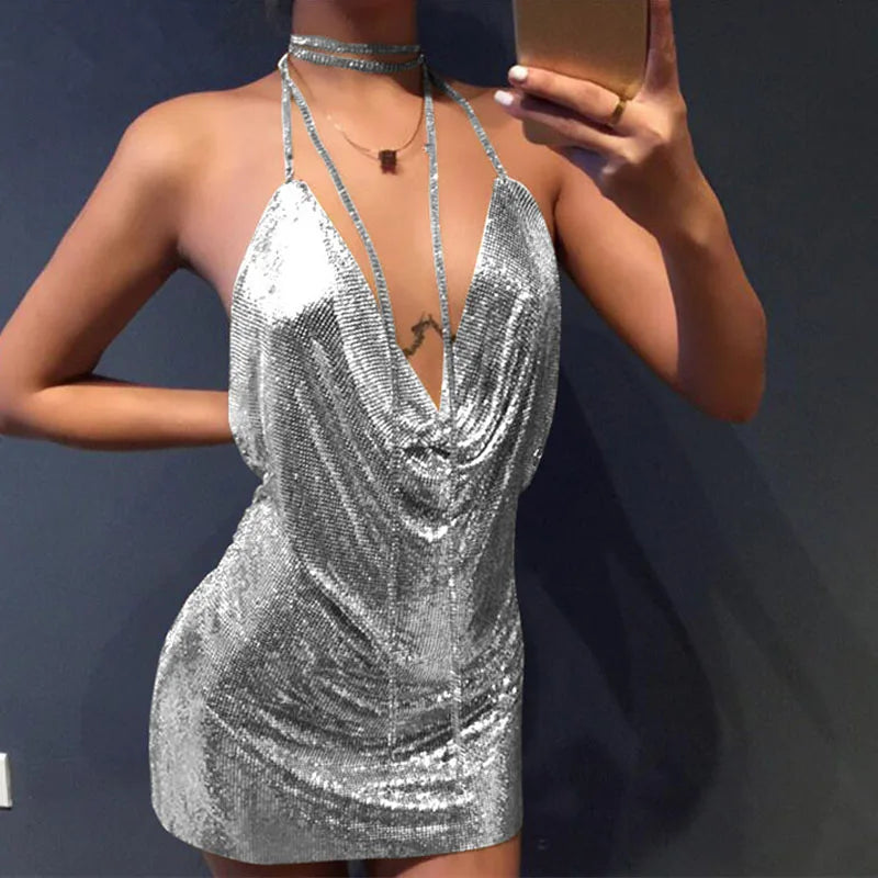 Mirla | Diamond Halter Rygglös Sprund Metallisk Mini Klänning-Eva Jonsson