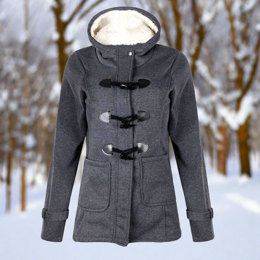 Mirla | Duffeljacka ullblandning med huva och fleece-foder toggle-knappar fickor-Eva Jonsson