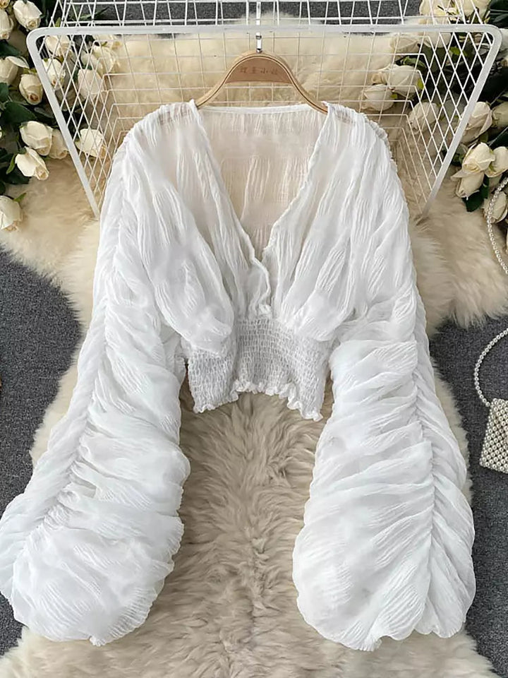 Mirla | Elegant Chiffon V-Läder Puff Långa Ärmar Korta Toppar-Eva Jonsson