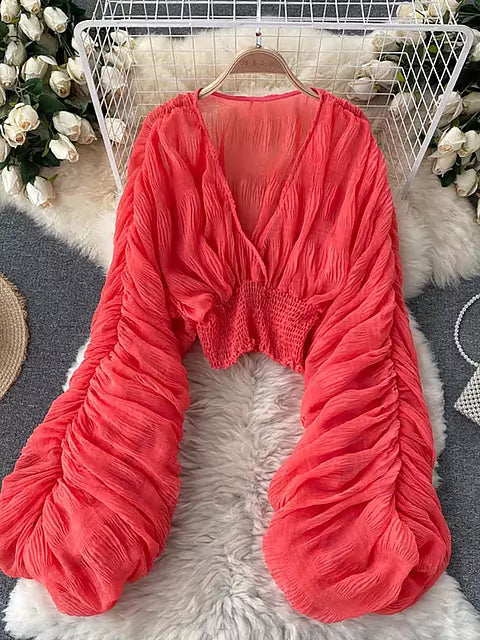 Mirla | Elegant Chiffon V-Läder Puff Långa Ärmar Korta Toppar-Eva Jonsson