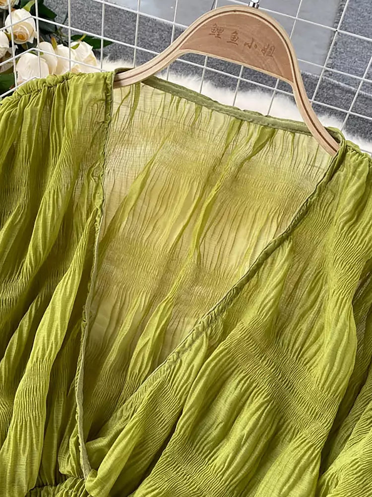 Mirla | Elegant Chiffon V-Läder Puff Långa Ärmar Korta Toppar-Eva Jonsson